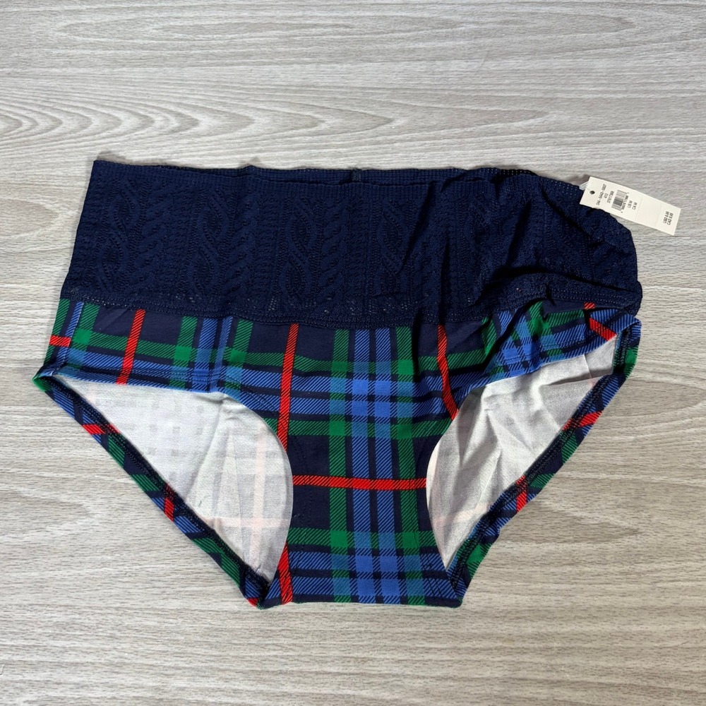 NEW Aerie Panties M Plaid High Waisted Bikini Underwear Navy Blue Lace Waistband